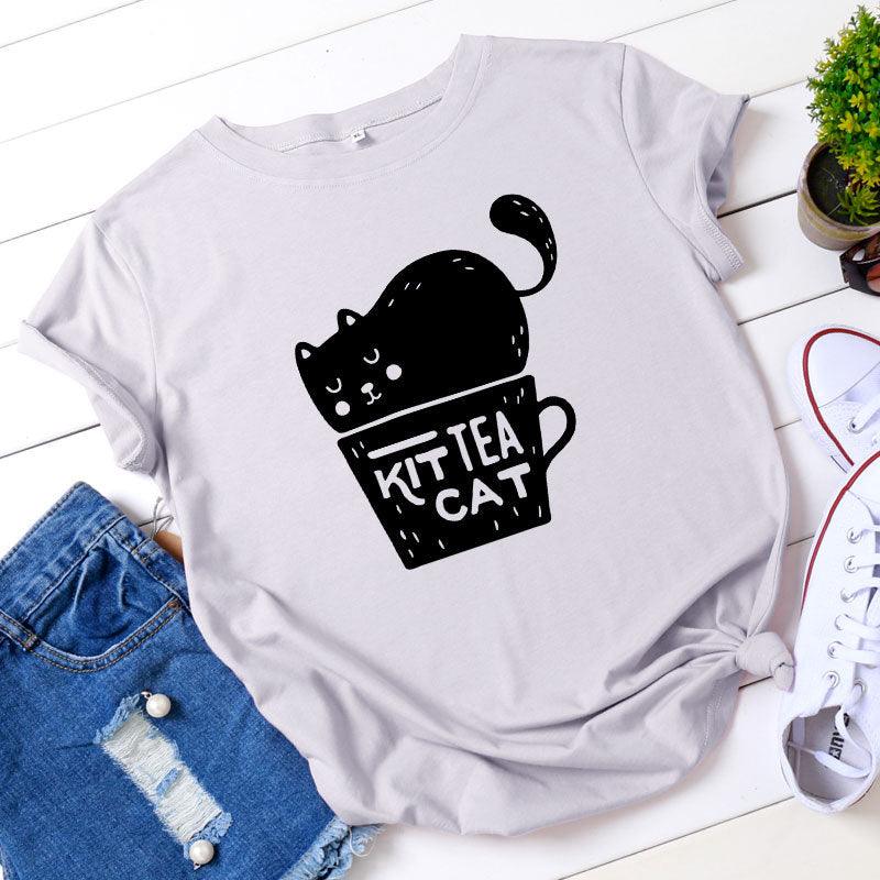 Casual KIT TEA CAT Printed Round Neck Plus Size Short Sleeve - Nioor