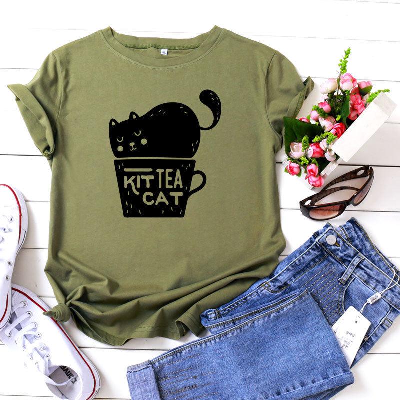 Casual KIT TEA CAT Printed Round Neck Plus Size Short Sleeve - Nioor