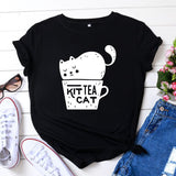 Casual KIT TEA CAT Printed Round Neck Plus Size Short Sleeve - Nioor