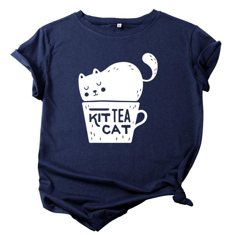 Casual KIT TEA CAT Printed Round Neck Plus Size Short Sleeve - Nioor