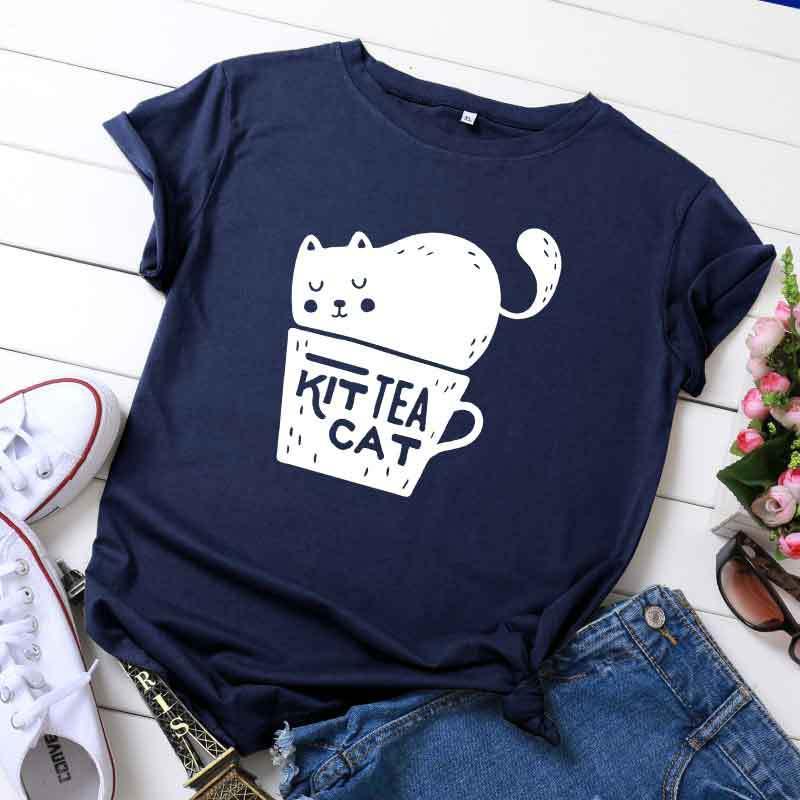 Casual KIT TEA CAT Printed Round Neck Plus Size Short Sleeve - Nioor