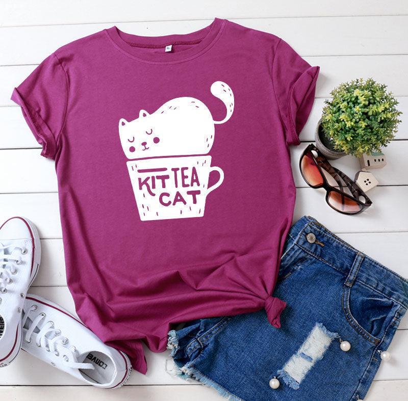 Casual KIT TEA CAT Printed Round Neck Plus Size Short Sleeve - Nioor