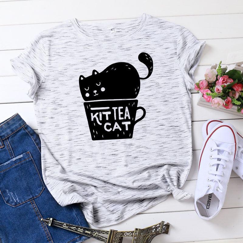 Casual KIT TEA CAT Printed Round Neck Plus Size Short Sleeve - Nioor