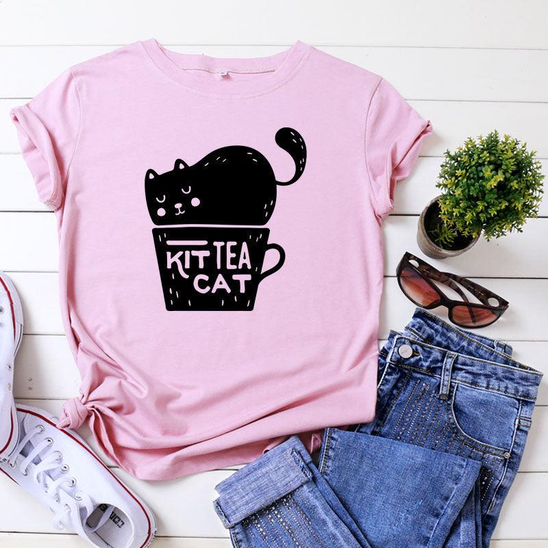 Casual KIT TEA CAT Printed Round Neck Plus Size Short Sleeve - Nioor