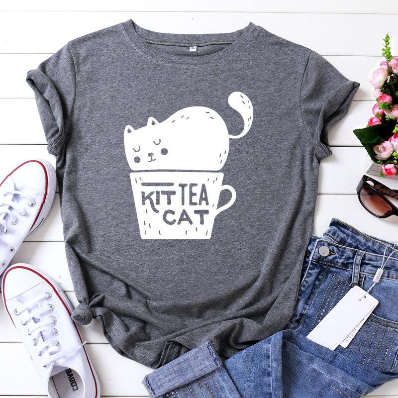 Casual KIT TEA CAT Printed Round Neck Plus Size Short Sleeve - Nioor