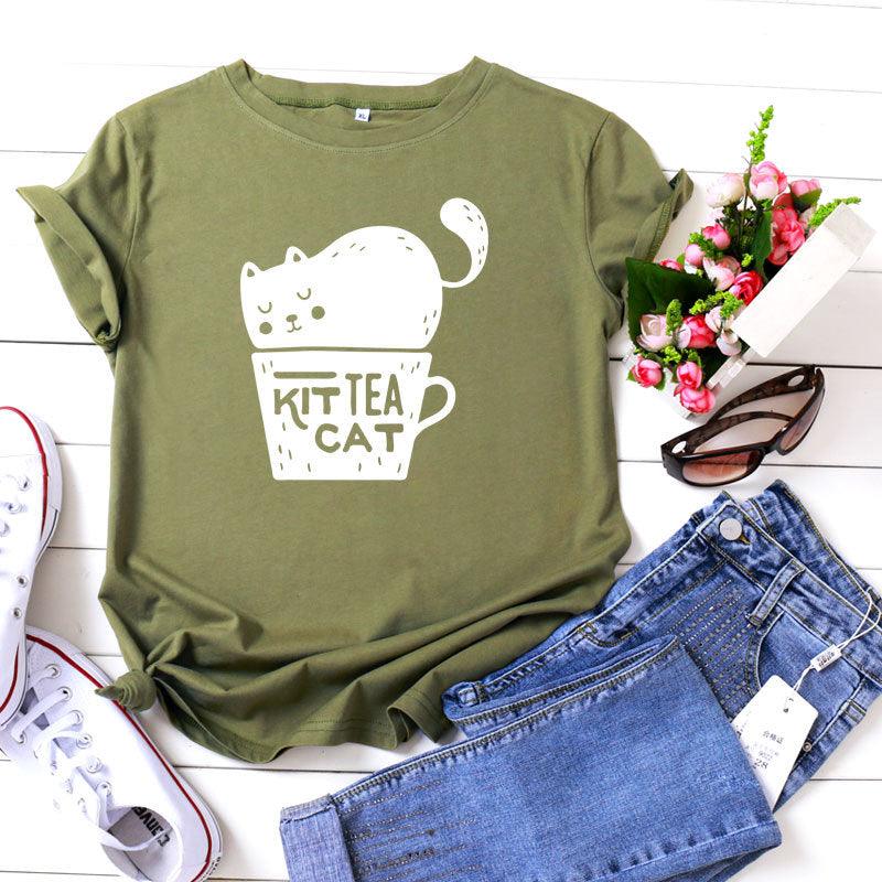 Casual KIT TEA CAT Printed Round Neck Plus Size Short Sleeve - Nioor