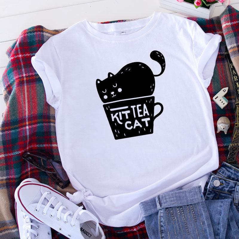 Casual KIT TEA CAT Printed Round Neck Plus Size Short Sleeve - Nioor