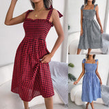 Casual Lace Up Color-contrast Check Skirt Mid-length Dress - Nioor