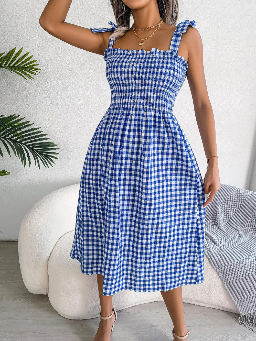 Casual Lace Up Color-contrast Check Skirt Mid-length Dress - Nioor