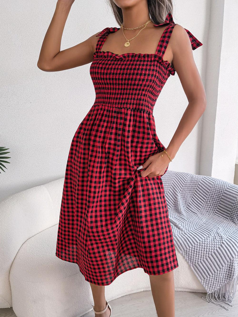 Casual Lace Up Color-contrast Check Skirt Mid-length Dress - Nioor