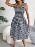 Casual Lace Up Color-contrast Check Skirt Mid-length Dress - Nioor