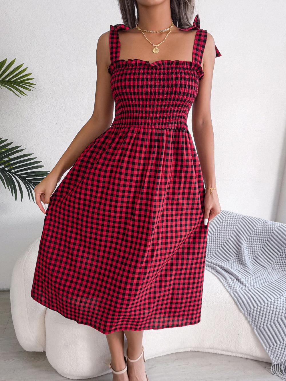 Casual Lace Up Color-contrast Check Skirt Mid-length Dress - Nioor