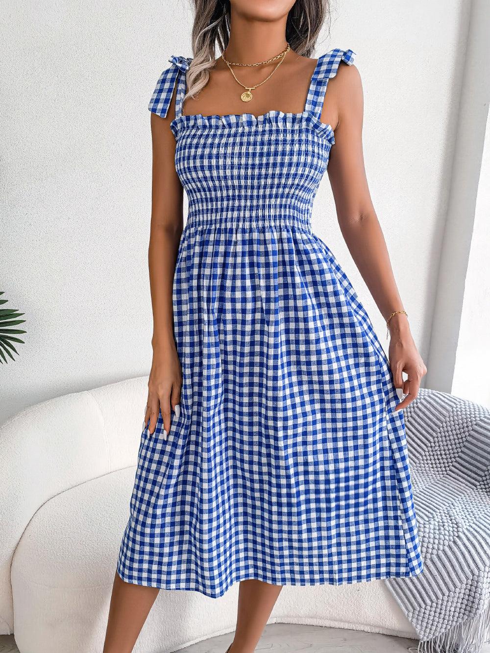 Casual Lace Up Color-contrast Check Skirt Mid-length Dress - Nioor