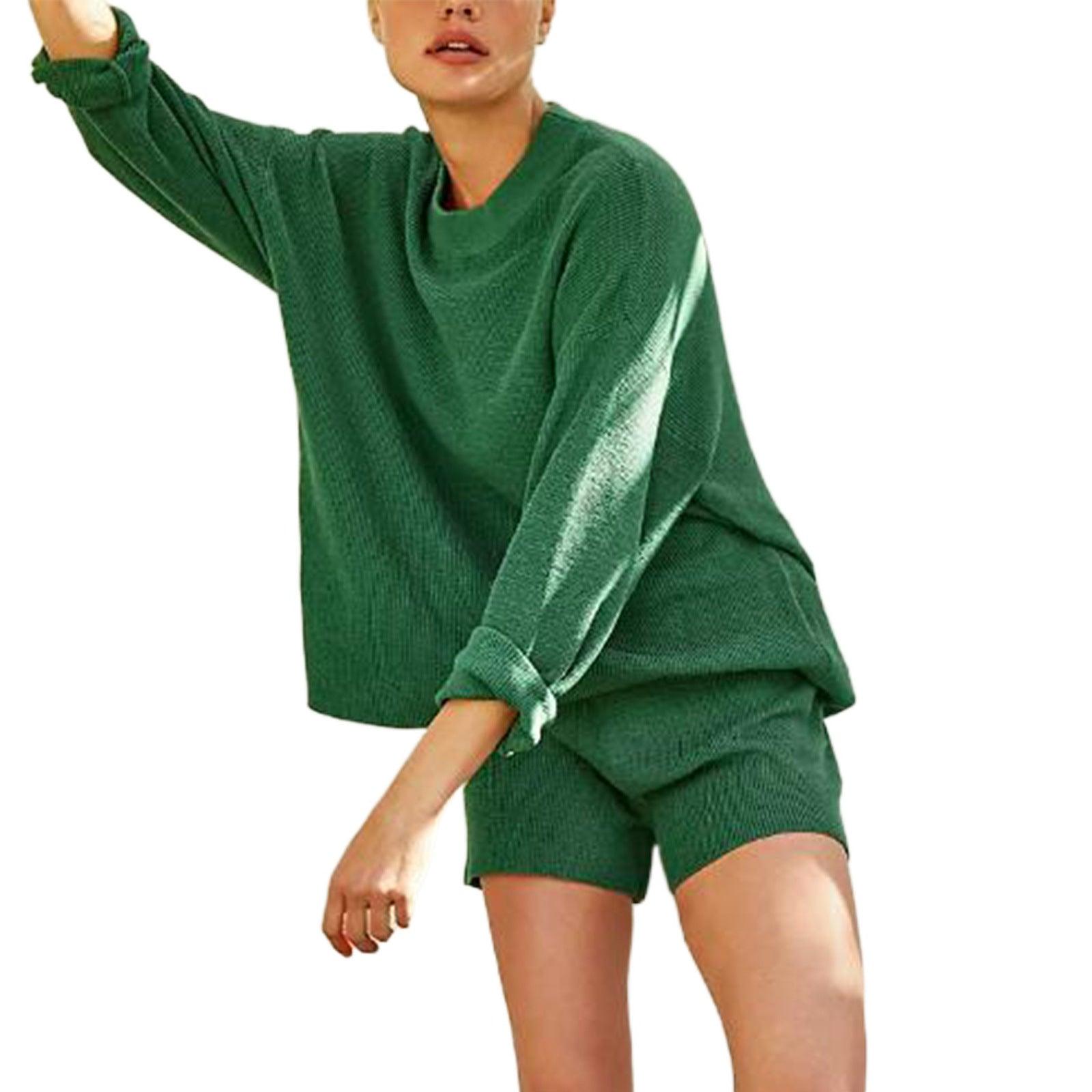 Casual Multicolor Long Sleeve Shorts Knitting Suit - Nioor