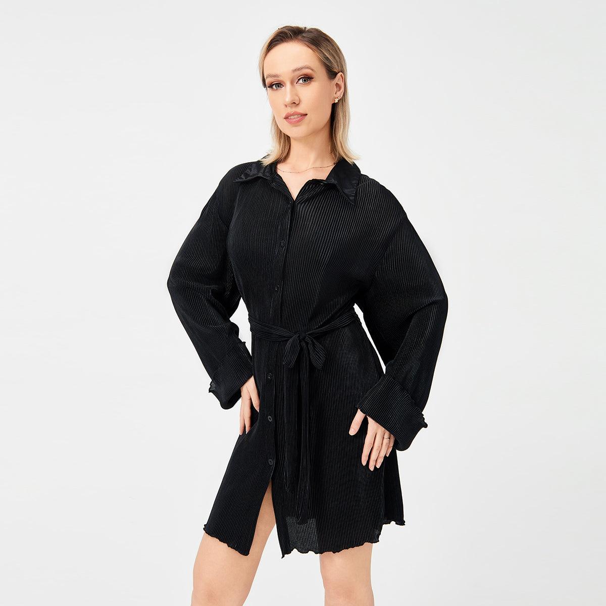 Casual Pleated Loose Shirt Tie Skirt - Nioor