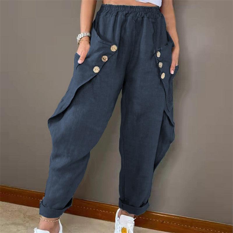 Casual Pocket Button Waist Trimming Casual Trousers - Nioor