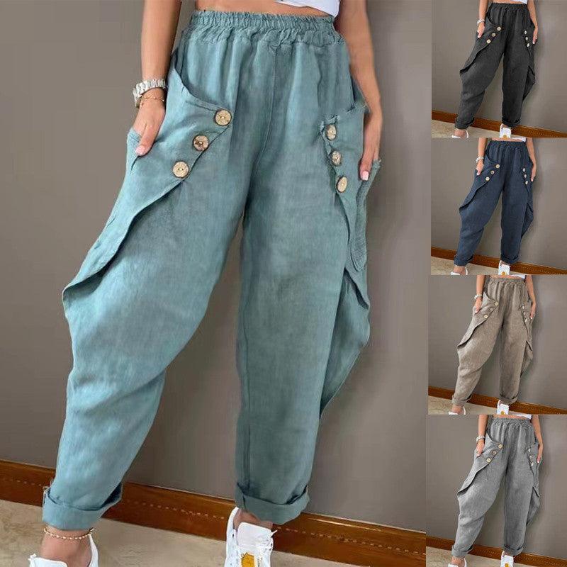 Casual Pocket Button Waist Trimming Casual Trousers - Nioor