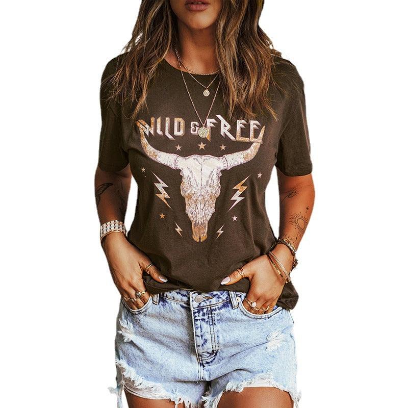 Casual Short Sleeve Loose Printed Round Neck Women's T-shirt - Nioor