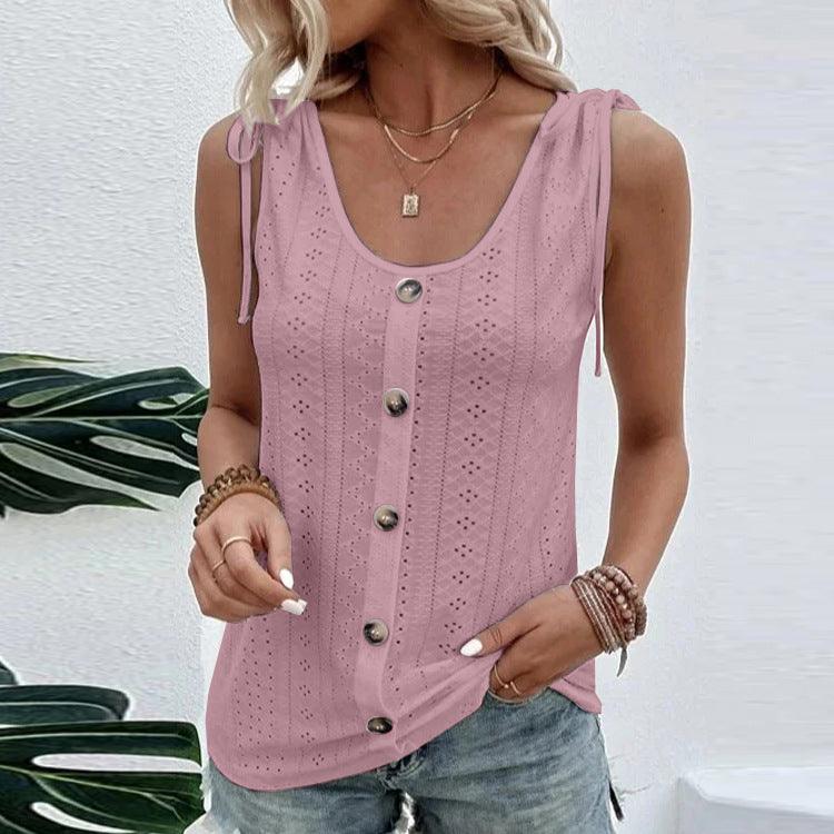 Casual Solid Color U-neck Vest Women Shoulder With Bow Tie Tops Summer T-shirt - Nioor