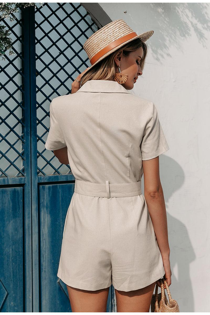 Casual Style Button Short-sleeved One-piece Suit With Collar And Belt Short Jumpsuit - Nioor