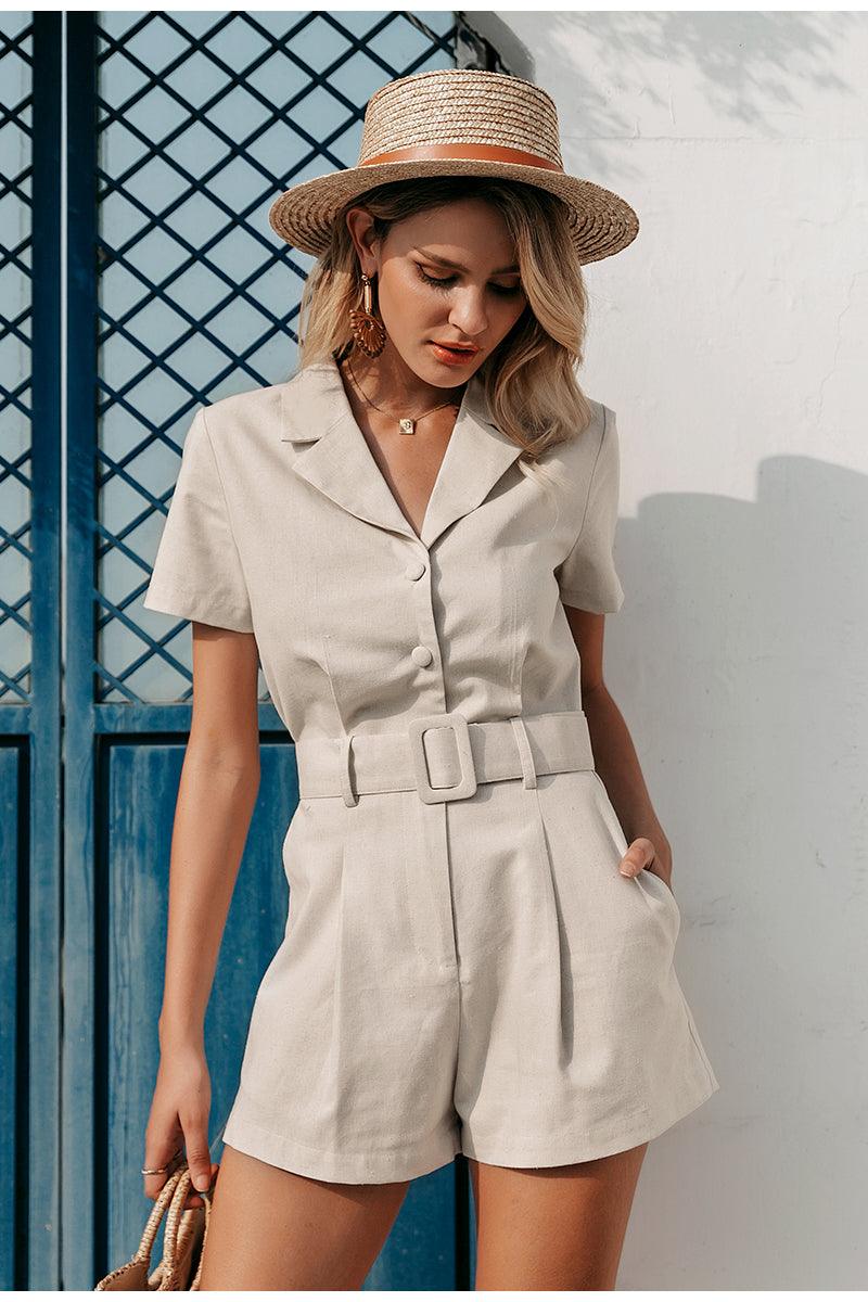 Casual Style Button Short-sleeved One-piece Suit With Collar And Belt Short Jumpsuit - Nioor