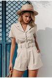 Casual Style Button Short-sleeved One-piece Suit With Collar And Belt Short Jumpsuit - Nioor