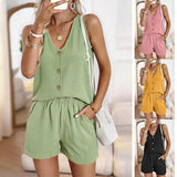 Casual V-neck Solid Color Vest Top Shorts Two-piece Set - Nioor