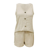 Casual V-neck Solid Color Vest Top Shorts Two-piece Set - Nioor