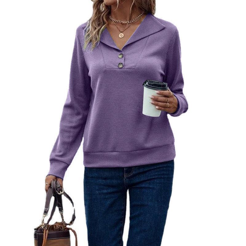 Casual Women's Waffle Collar Solid Single Breasted Long Sleeve Women - Nioor