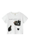 Cat Letter Print Crew Neck T-shirt Short Sleeves Top - Nioor