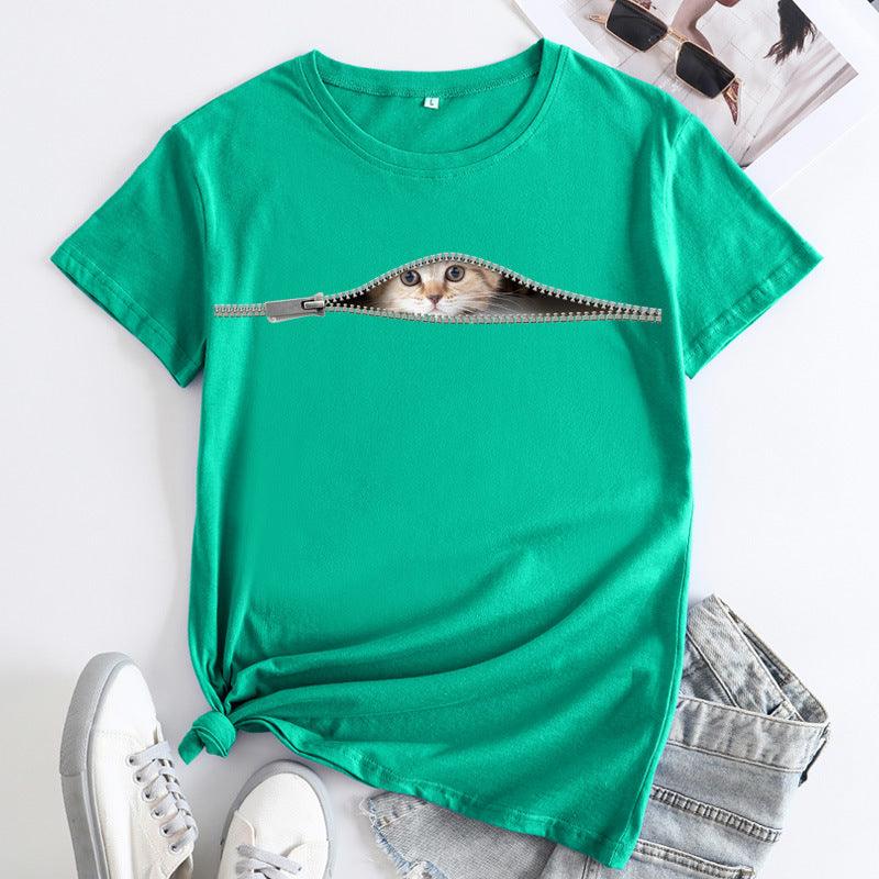 Cat Printing Cotton Round Neck Short Sleeve Women's T-shirt Tops - Nioor