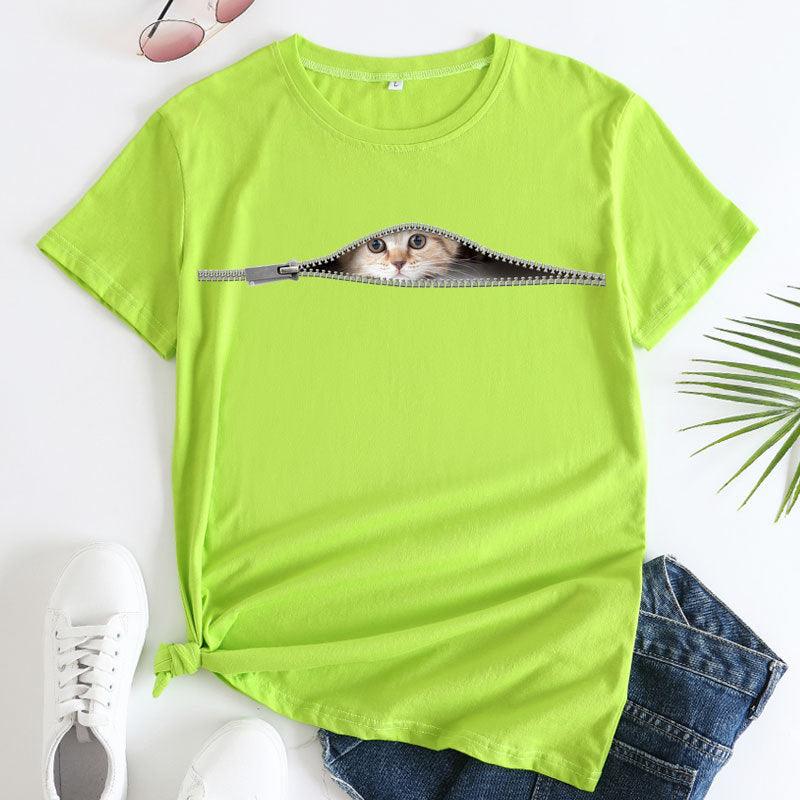 Cat Printing Cotton Round Neck Short Sleeve Women's T-shirt Tops - Nioor