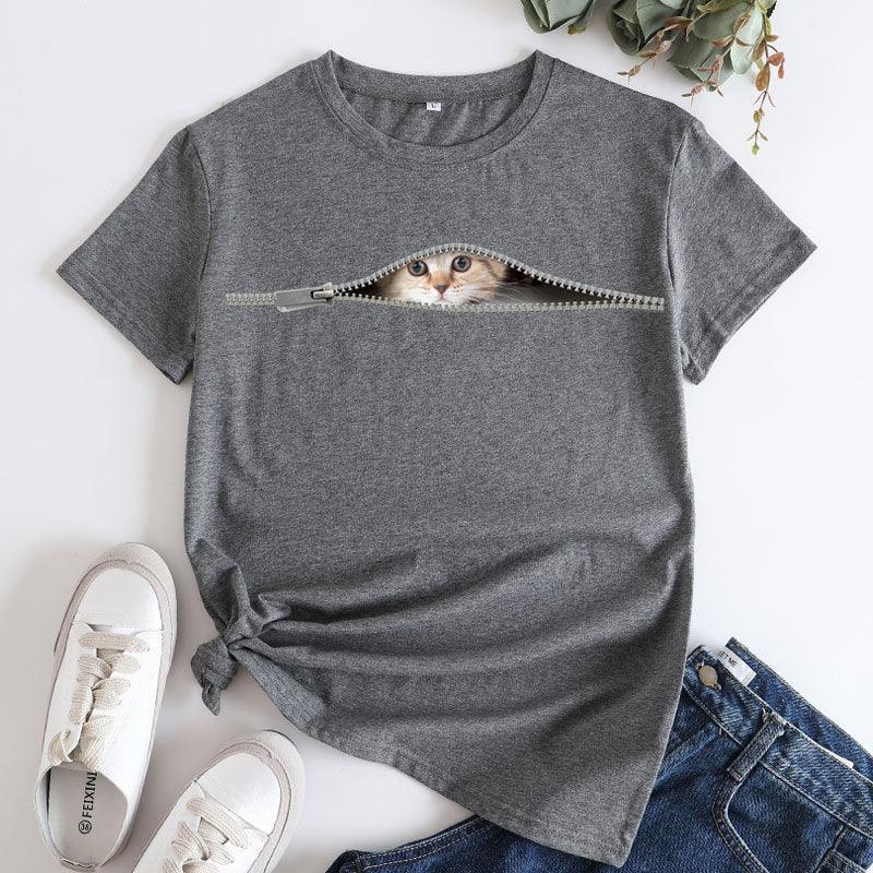 Cat Printing Cotton Round Neck Short Sleeve Women's T-shirt Tops - Nioor