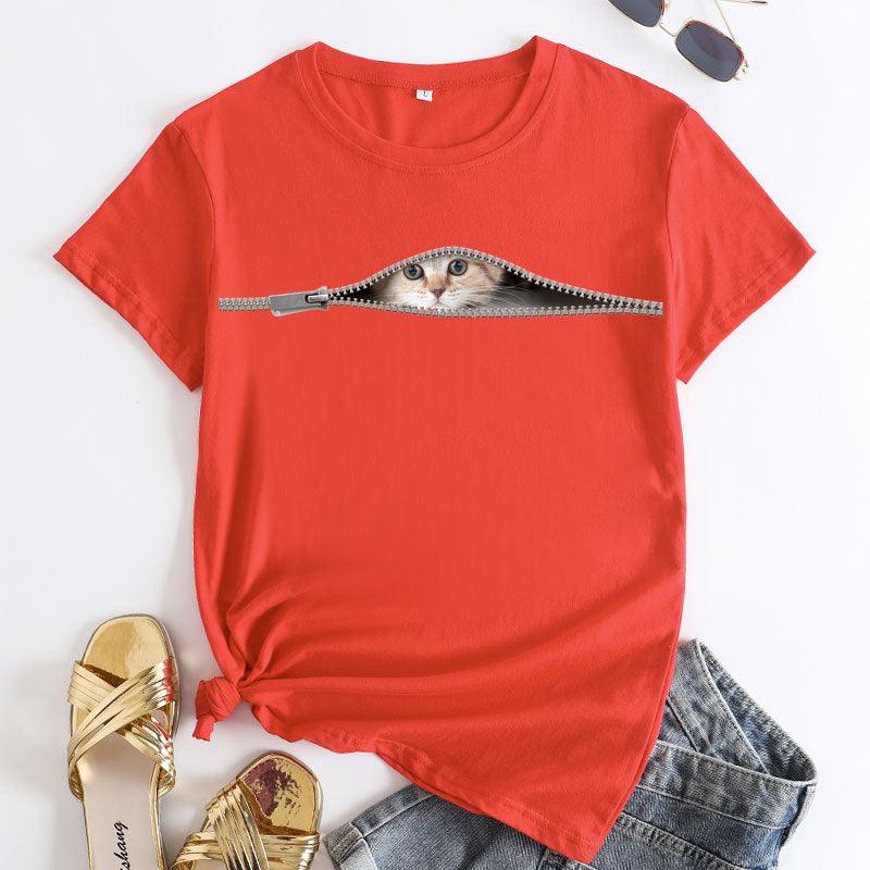 Cat Printing Cotton Round Neck Short Sleeve Women's T-shirt Tops - Nioor