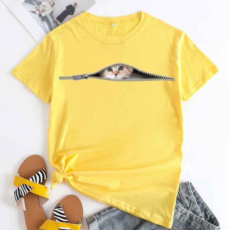 Cat Printing Cotton Round Neck Short Sleeve Women's T-shirt Tops - Nioor