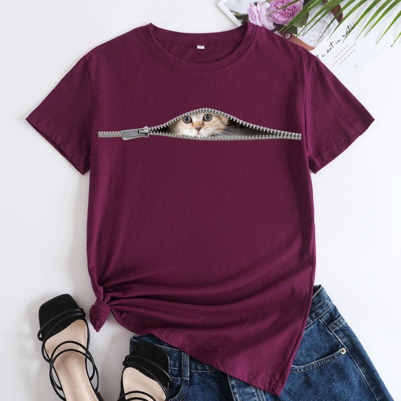 Cat Printing Cotton Round Neck Short Sleeve Women's T-shirt Tops - Nioor