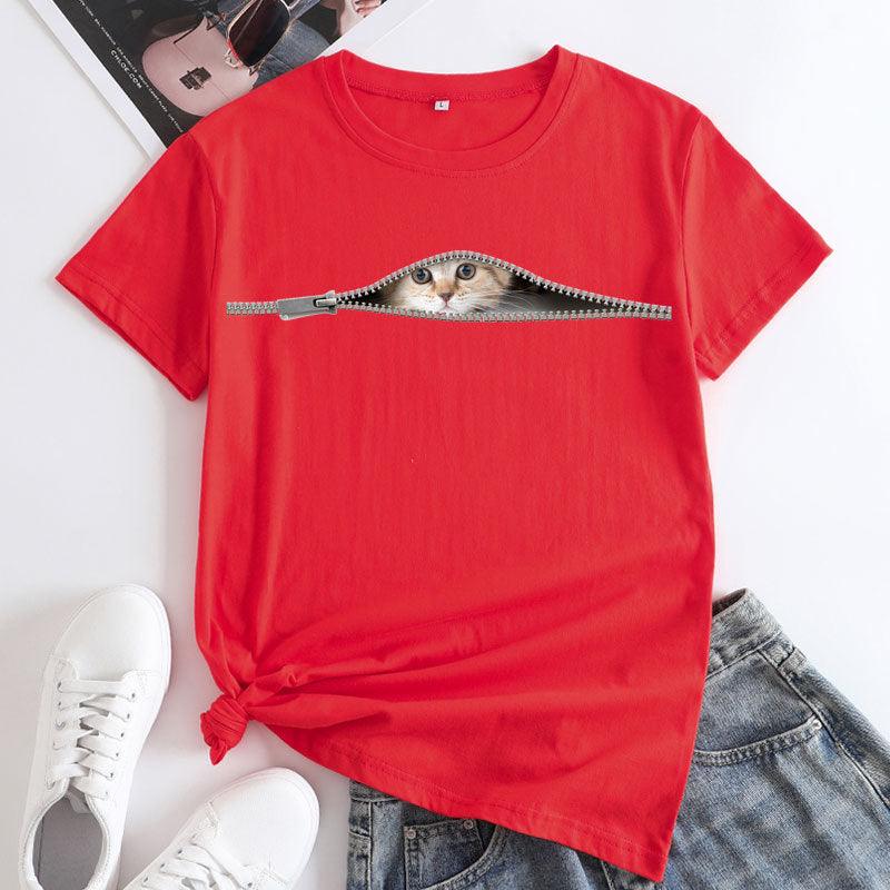 Cat Printing Cotton Round Neck Short Sleeve Women's T-shirt Tops - Nioor