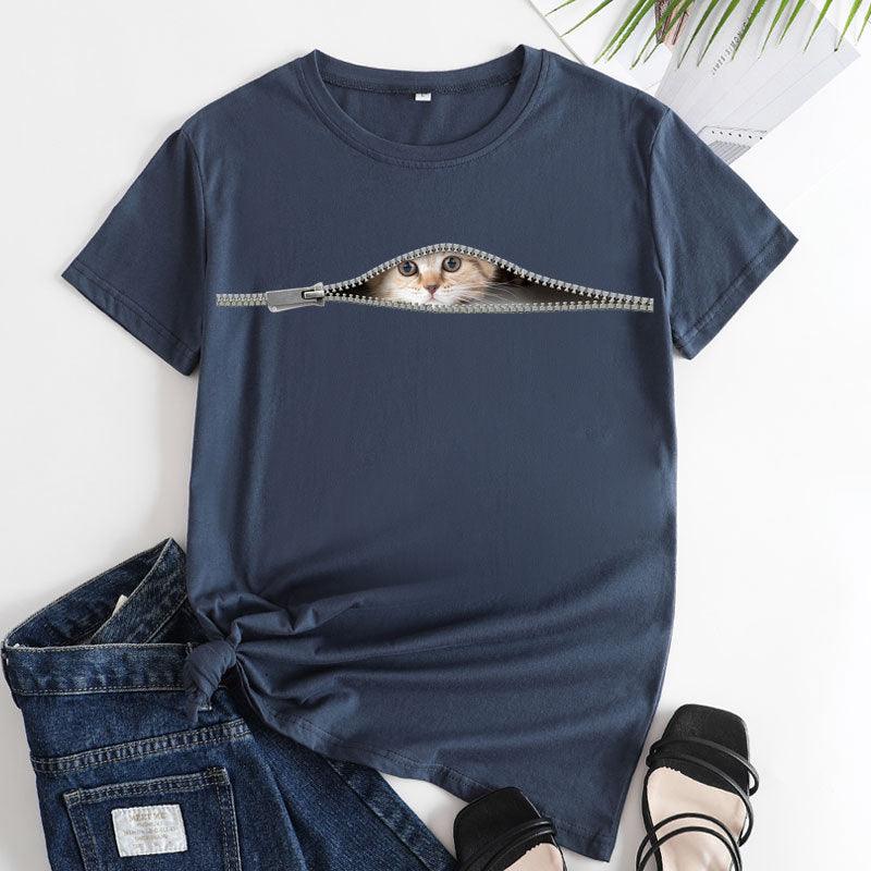 Cat Printing Cotton Round Neck Short Sleeve Women's T-shirt Tops - Nioor