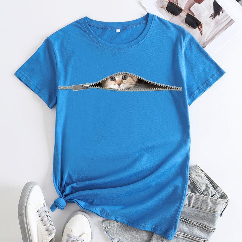 Cat Printing Cotton Round Neck Short Sleeve Women's T-shirt Tops - Nioor