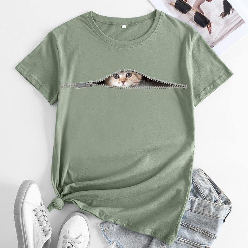 Cat Printing Cotton Round Neck Short Sleeve Women's T-shirt Tops - Nioor