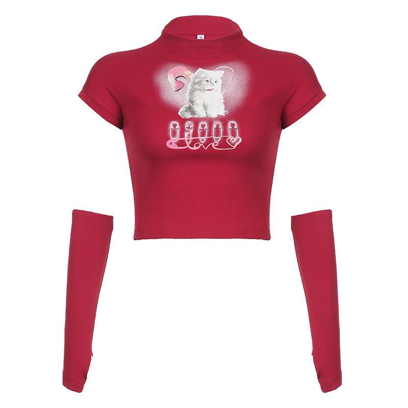 Cat Printing Cropped T-shirt Street Style - Nioor