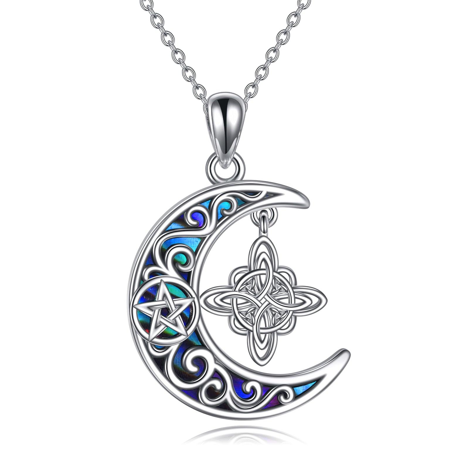 Witches Knot Necklace Sterling Silver Celtic Crescent Knot Pendant Necklace Abalone Shellfish Pagan Jewelry - Nioor