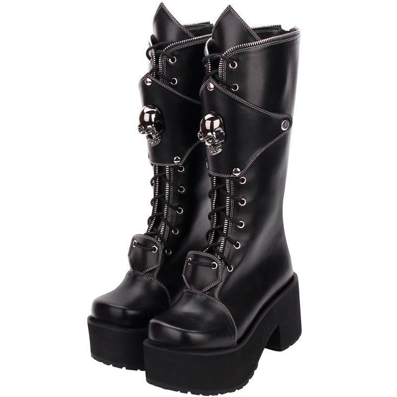 Zipper Studded Skull Punk Thick-soled High Boots - Nioor