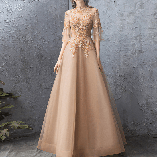 Banquet Evening Dress Female Golden Stand-up Collar Host Annual Party Dress Skirt - Nioor