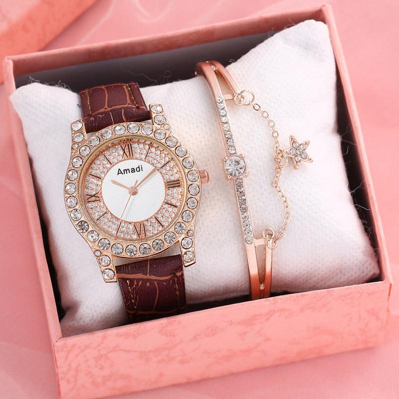 Women's Diamond-embedded Roman Face Simple Fashion All-match Quartz Watch Gift Box - Nioor