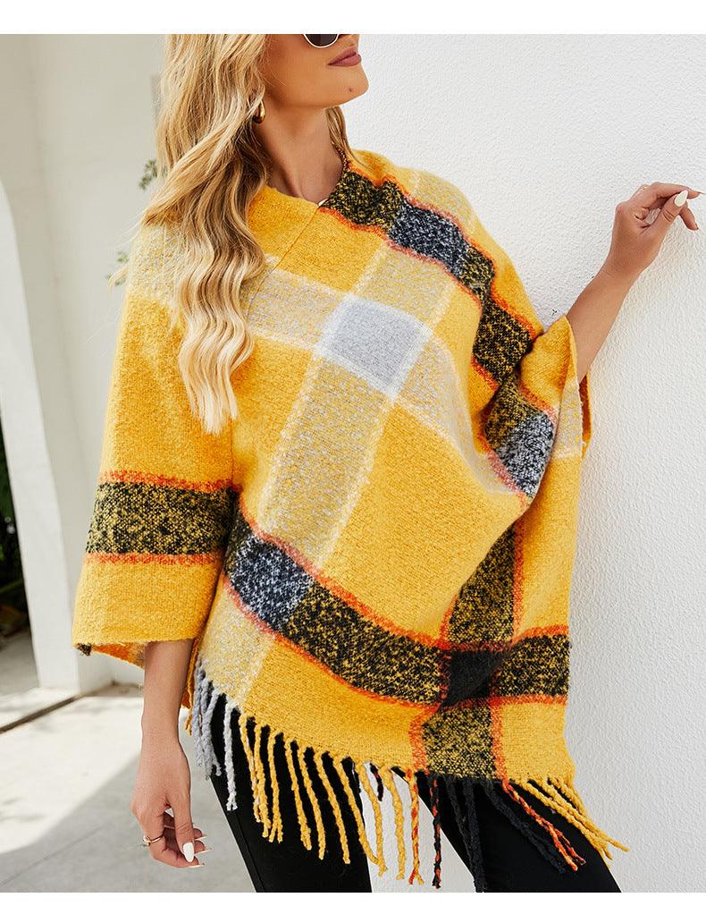 Cashmere Contrast Color Striped Cape Knitted Tassel Scarf - Nioor