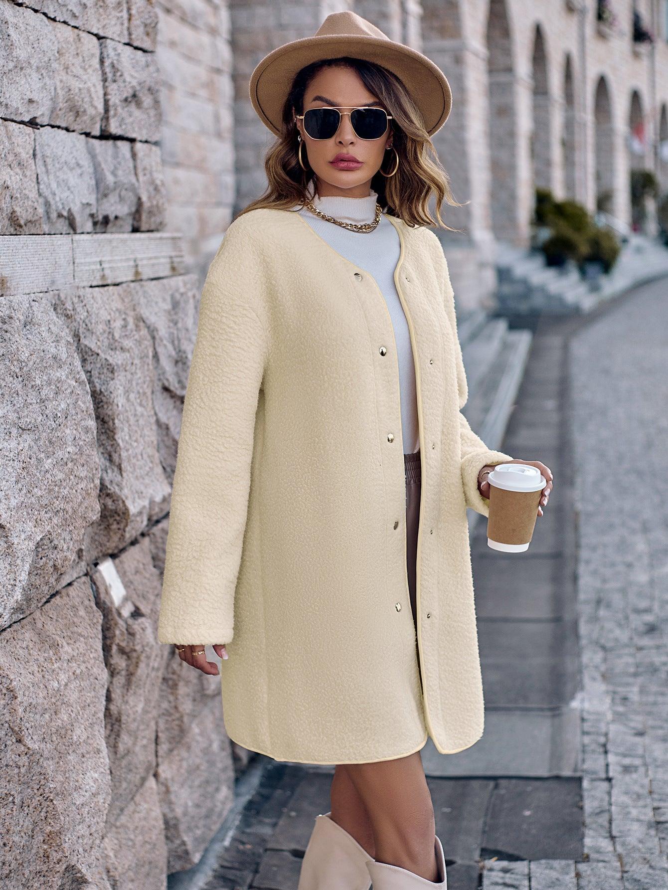 Thick Solid Color Round Neck Single-breasted Long Sleeve Coat - Nioor