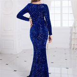 Women Modest Stretch Sequin Royal Blue Evening Prom Gown Party - Nioor