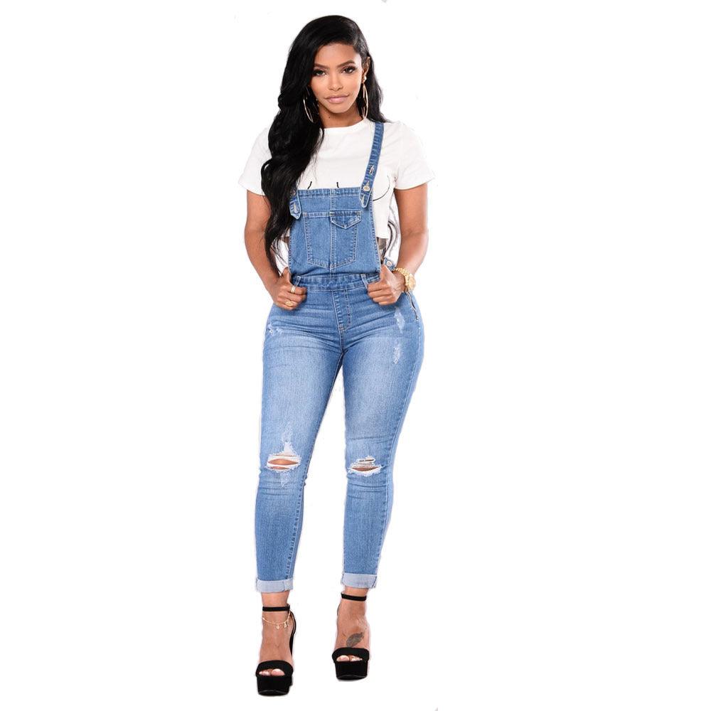 Women's Ripped Denim Suspender Pencil Pants - Nioor