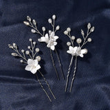 Three Sets Of White Flower U Shaped Hairpins - Nioor